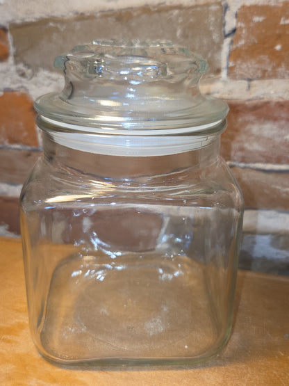 Vintage Clear Glass Square Canister with Sunburst Lid 6 1/4" square sj3