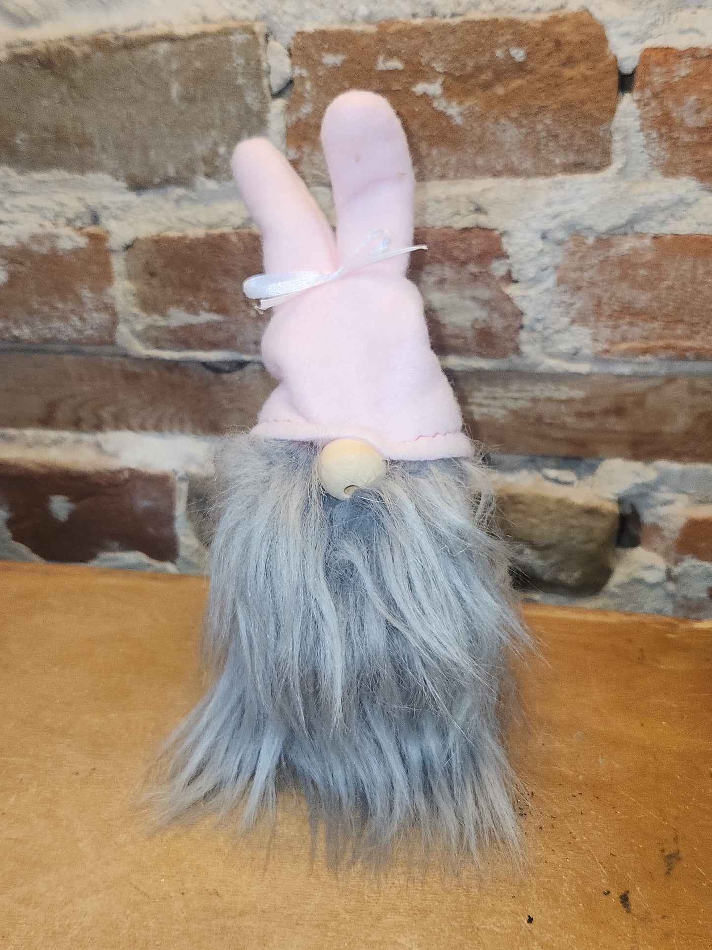 7” Gnome with Grey Dotted Body, Grey Bears Pink Bunny Hat gn2