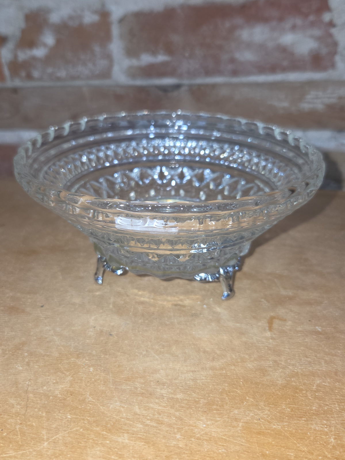 Vintage Vignette Sewing Needles, Thread, Clothes Pins, Doily, Cut Glass Bowl with Feet vi7