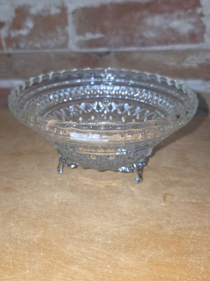 Vintage Vignette Sewing Needles, Thread, Clothes Pins, Doily, Cut Glass Bowl with Feet vi7