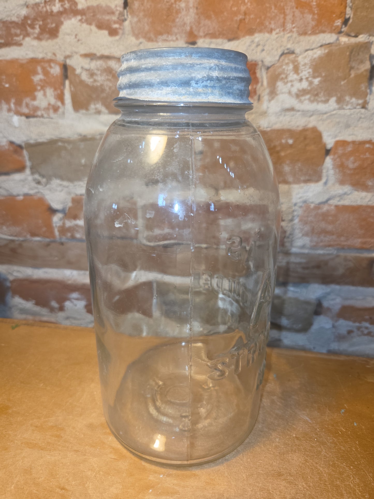 Vintage 1/2 Gallon Jar Atlas Strong Shoulder Mason Clear Glass with Atlas Zinc Lid jar54
