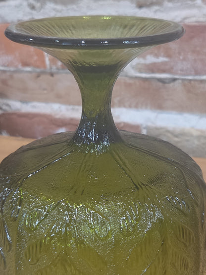 Vintage Vase FTD 1978 Green Glass Goblet Vase with Pedestal Floral Arranging Leaf Pattern Pl78