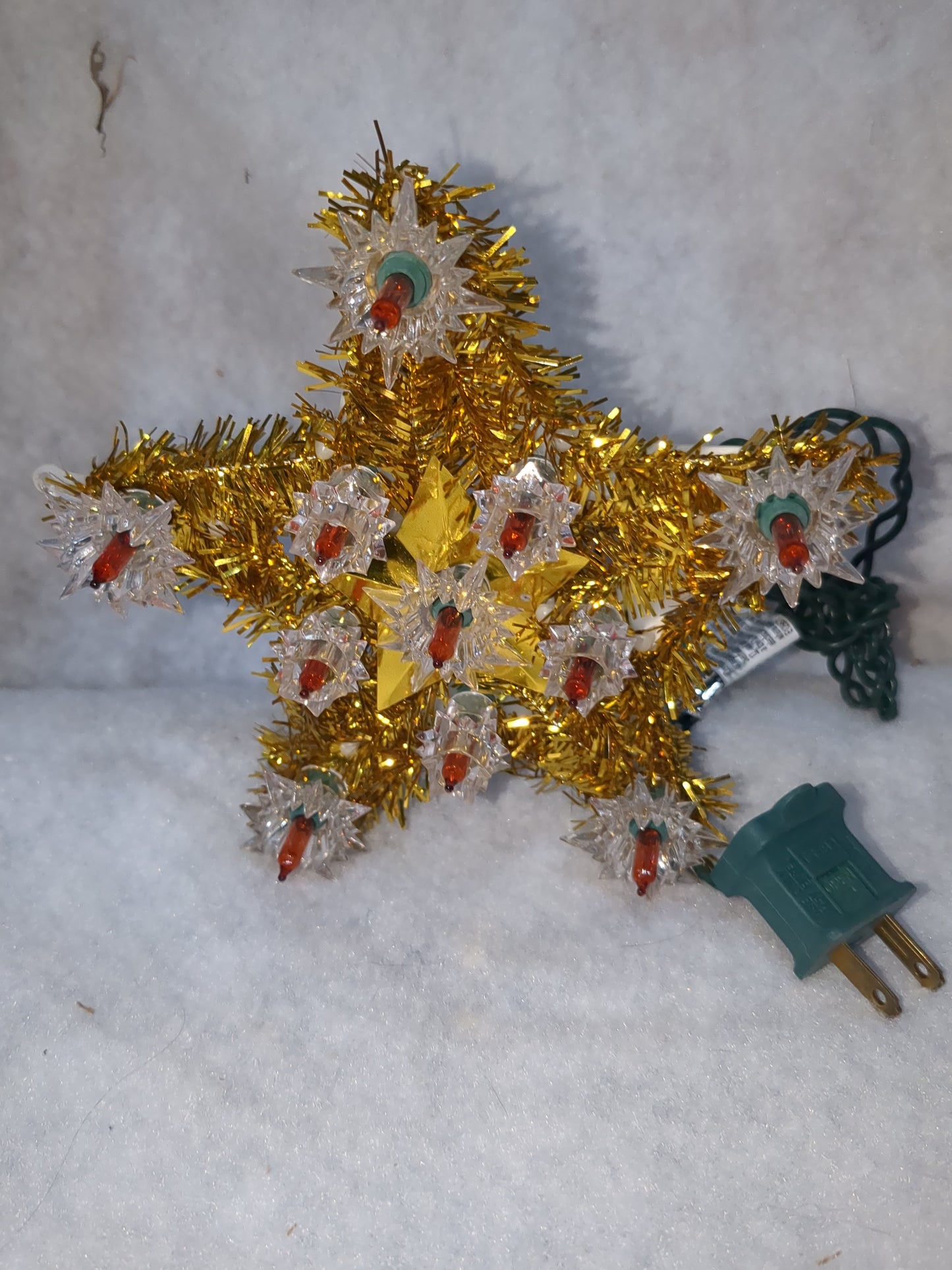 Vintage Christmas gold star tinsel Tree Top Red Flashing Lights tt50