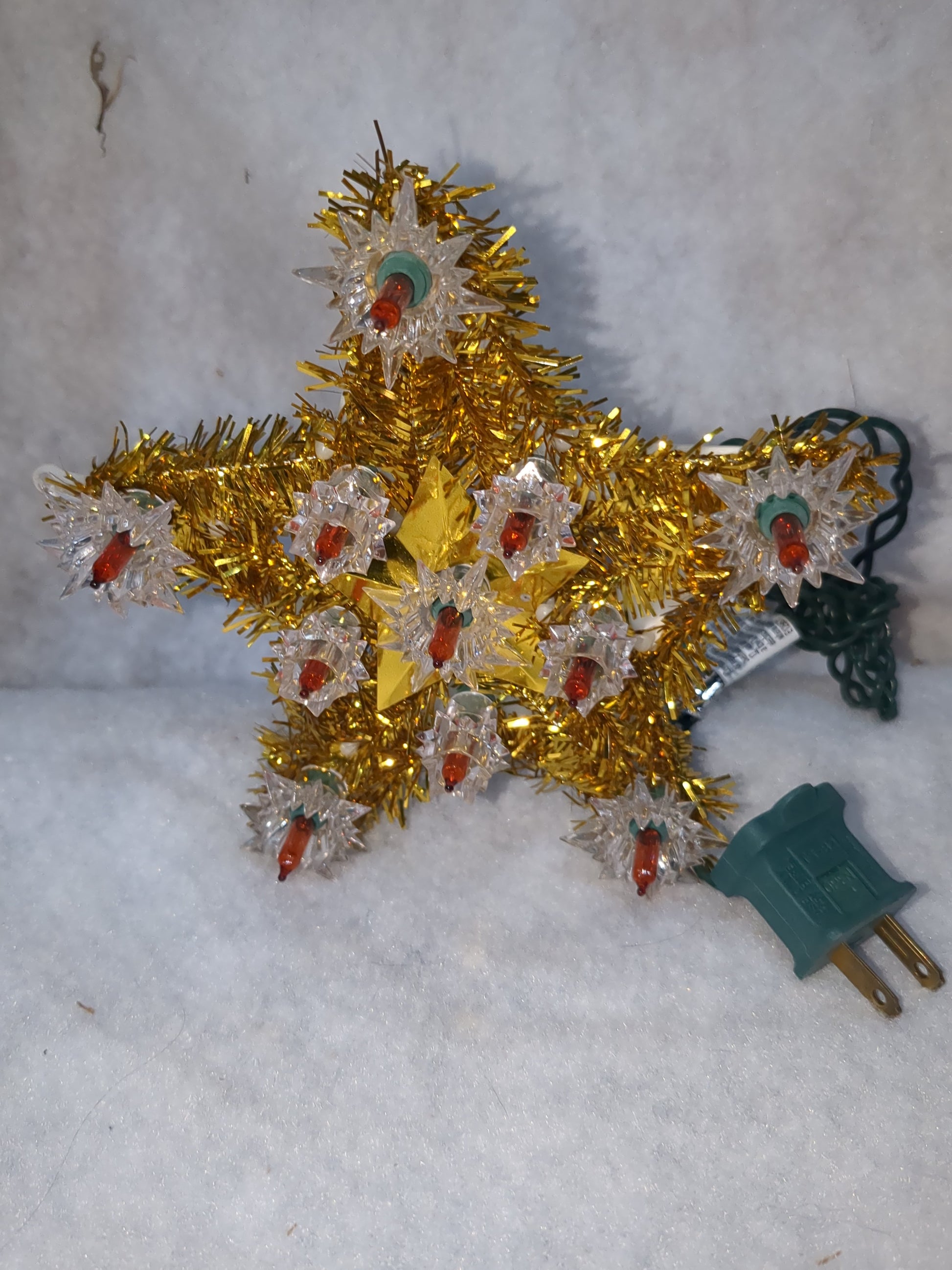 Vintage Christmas gold star tinsel Tree Top Red Flashing Lights tt50