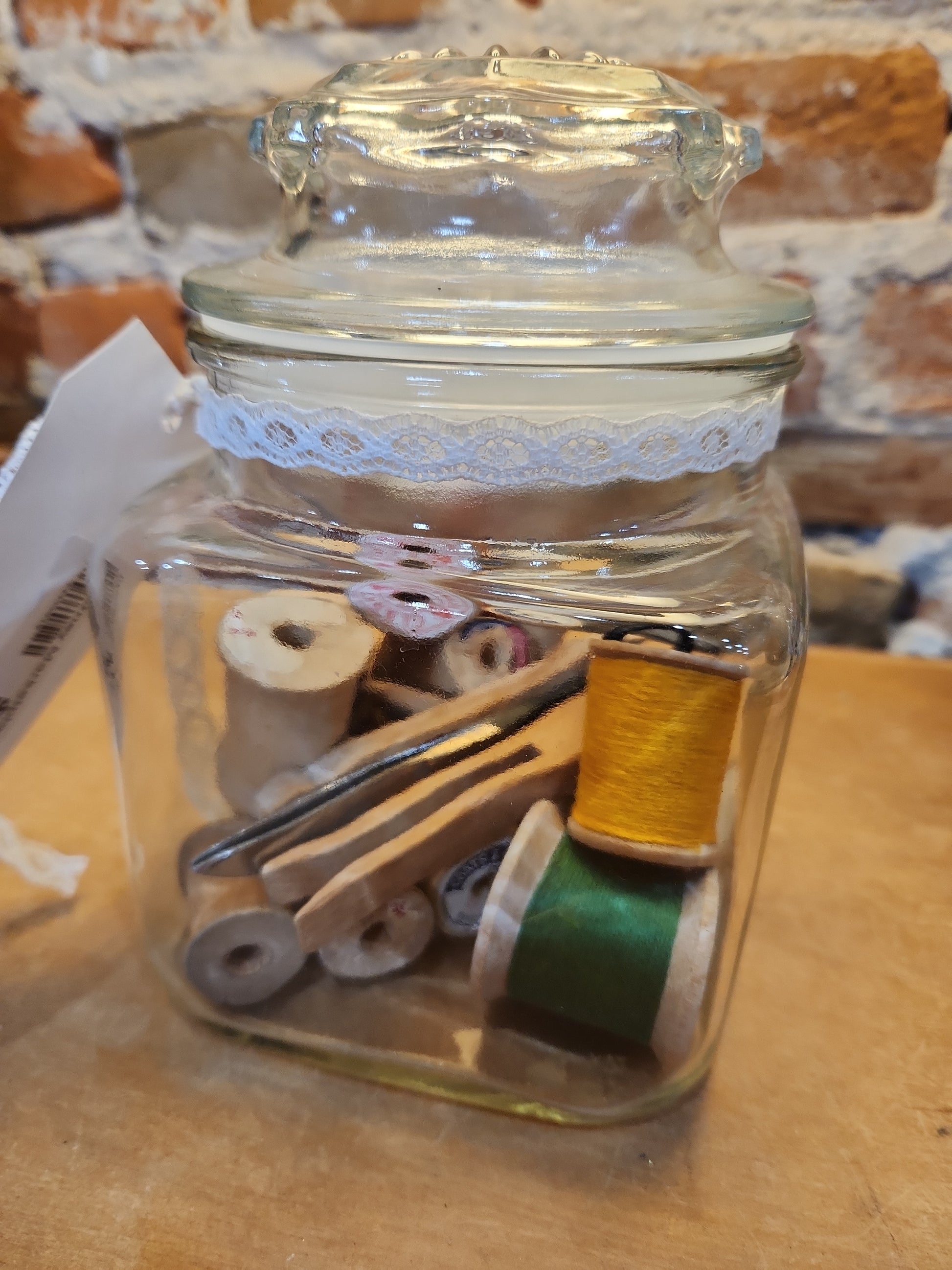 Vintage Sewing Jar Assemblage Wooden Thread Spools Scissors Wooden Clothespins Safety Pin vj12