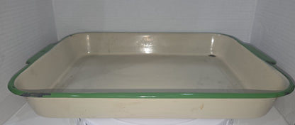 Vintage Enamel Baking Roasting Pan Rustic Primitive Cream with Green Trim en82