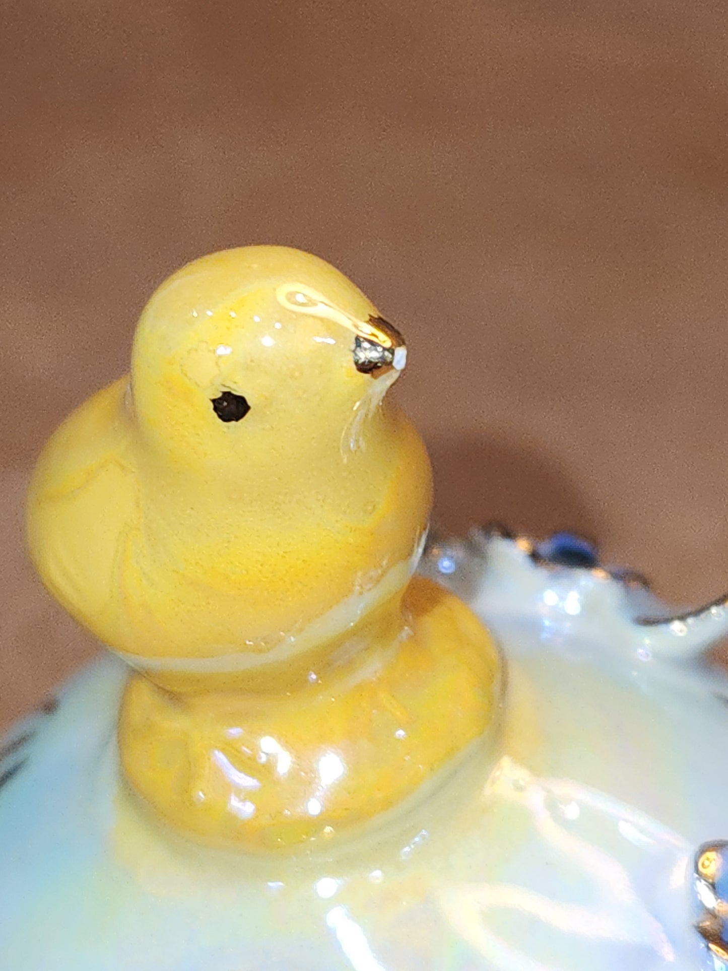 Vintage Porcelain Egg with 3D Chick Flowers and Leaves Gold Accents. Eg10