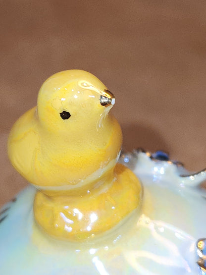 Vintage Porcelain Egg with 3D Chick Flowers and Leaves Gold Accents. Eg10