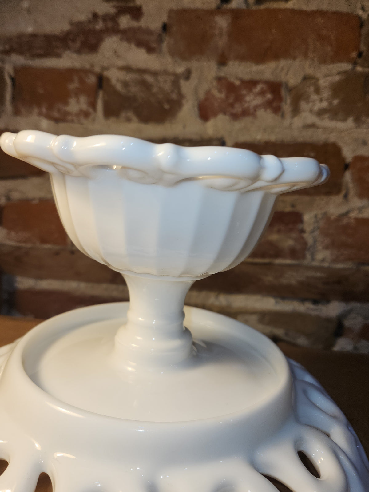 Vintage Fostoria Milk Glass Compost Pedestal Footed Fruit Bowl Monroe Pattern Lace-edge Loop and Open Loop mg12