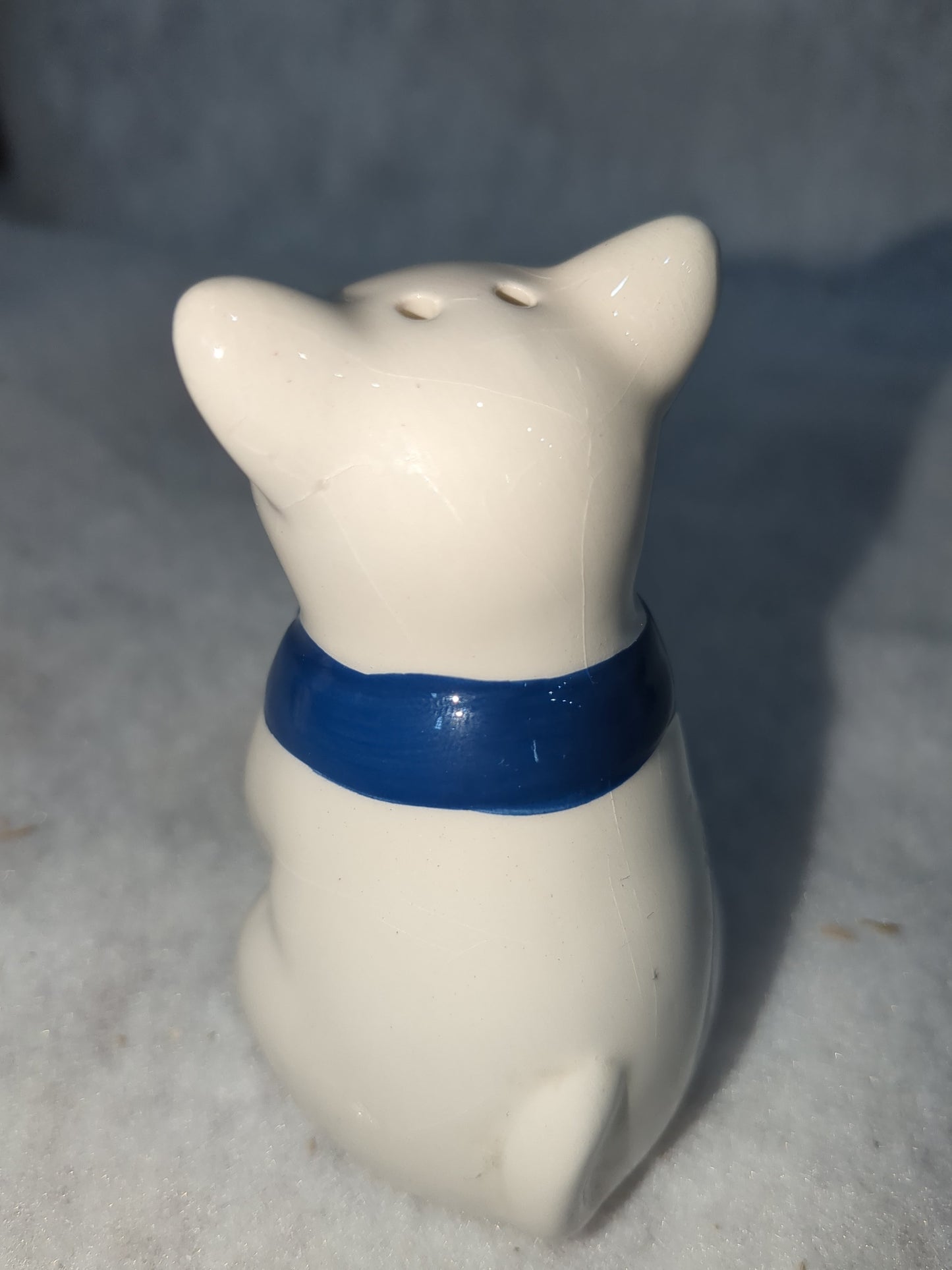 French Bulldog Ceramic Salt and Pepper Shakers Red & Blue Bow Ties Missing One Stopper CLEARANCE