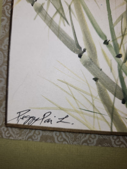 Vintage Peggy Pai Laughlin Framed Mixed Medium Painting B Hawaii Bamboo Dedicated by Artist 9 x 12 Frame