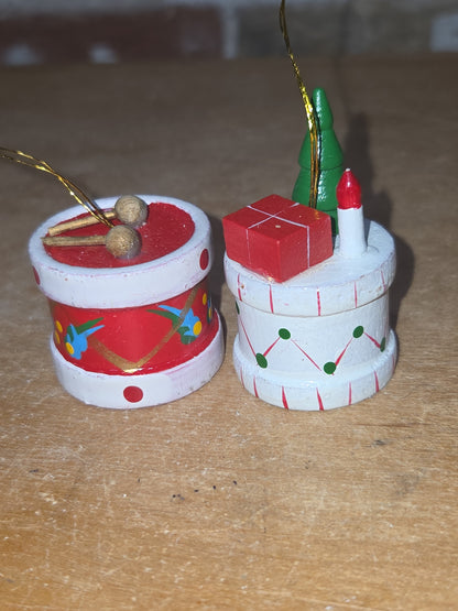 Vintage Wooden Ornaments Drums Set of 2 MCM Kitchy