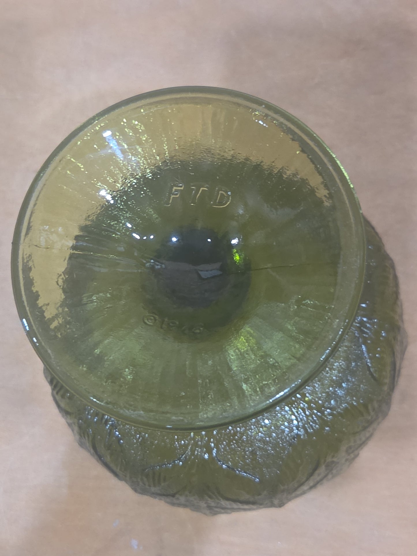 Vintage Vase FTD 1978 Green Glass Goblet Vase with Pedestal Floral Arranging Leaf Pattern Pl78