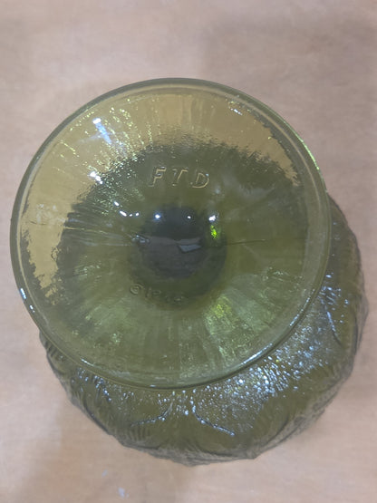 Vintage Vase FTD 1978 Green Glass Goblet Vase with Pedestal Floral Arranging Leaf Pattern Pl78