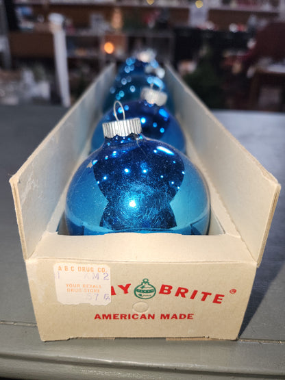 Vintage Shiny Brite Glass Christmas Ornaments Five 3" Varying Blue Shades in Fanci-Pak Box As Is sb15