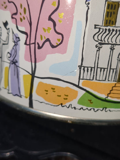 1958 vintage Tin Mrs. Leland's Old Fashioned Golden Butter Bits Horse and Carriage house girl & hoop tin347