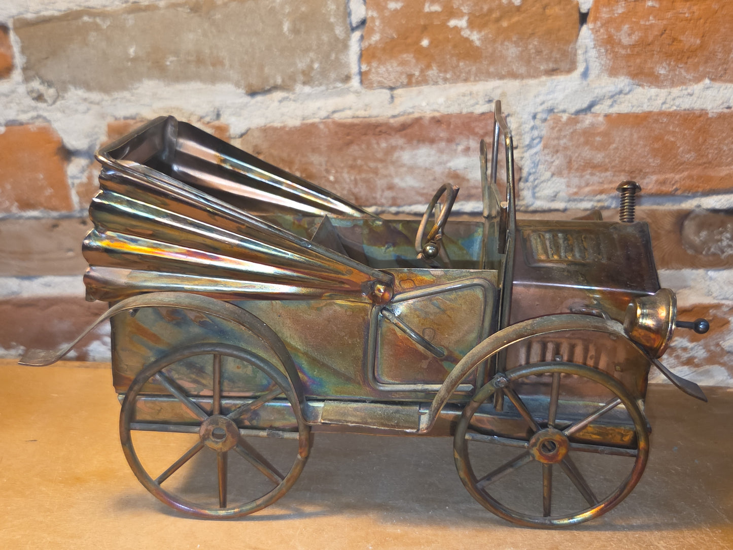 Vintage Copper Tin Jalopy Wind Up Music Box King of the Road Hong Kong car41