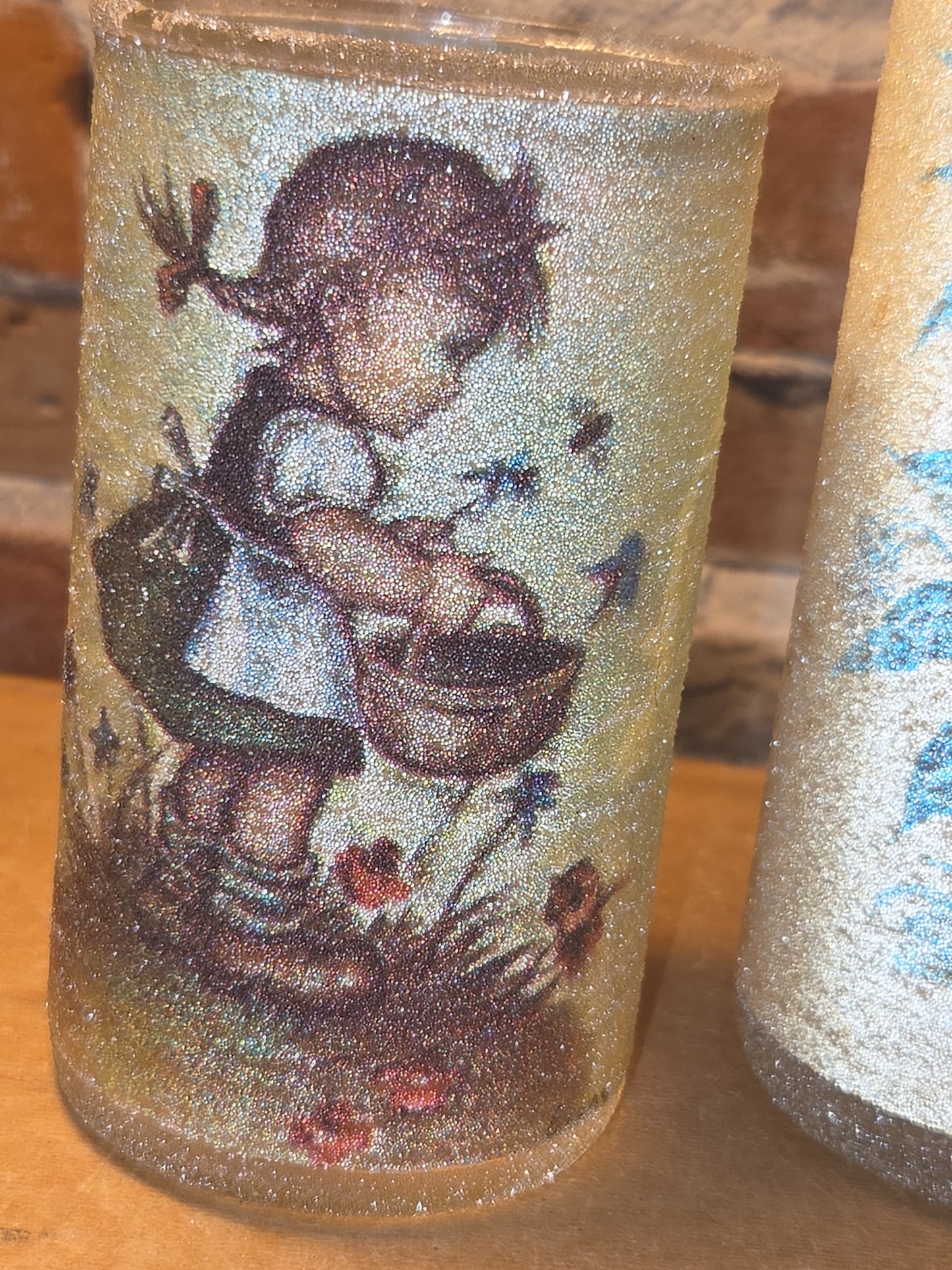 Vintage Sugar Frosted Pillar Glass Candle Hummel Girl with Basket Evans AS IS