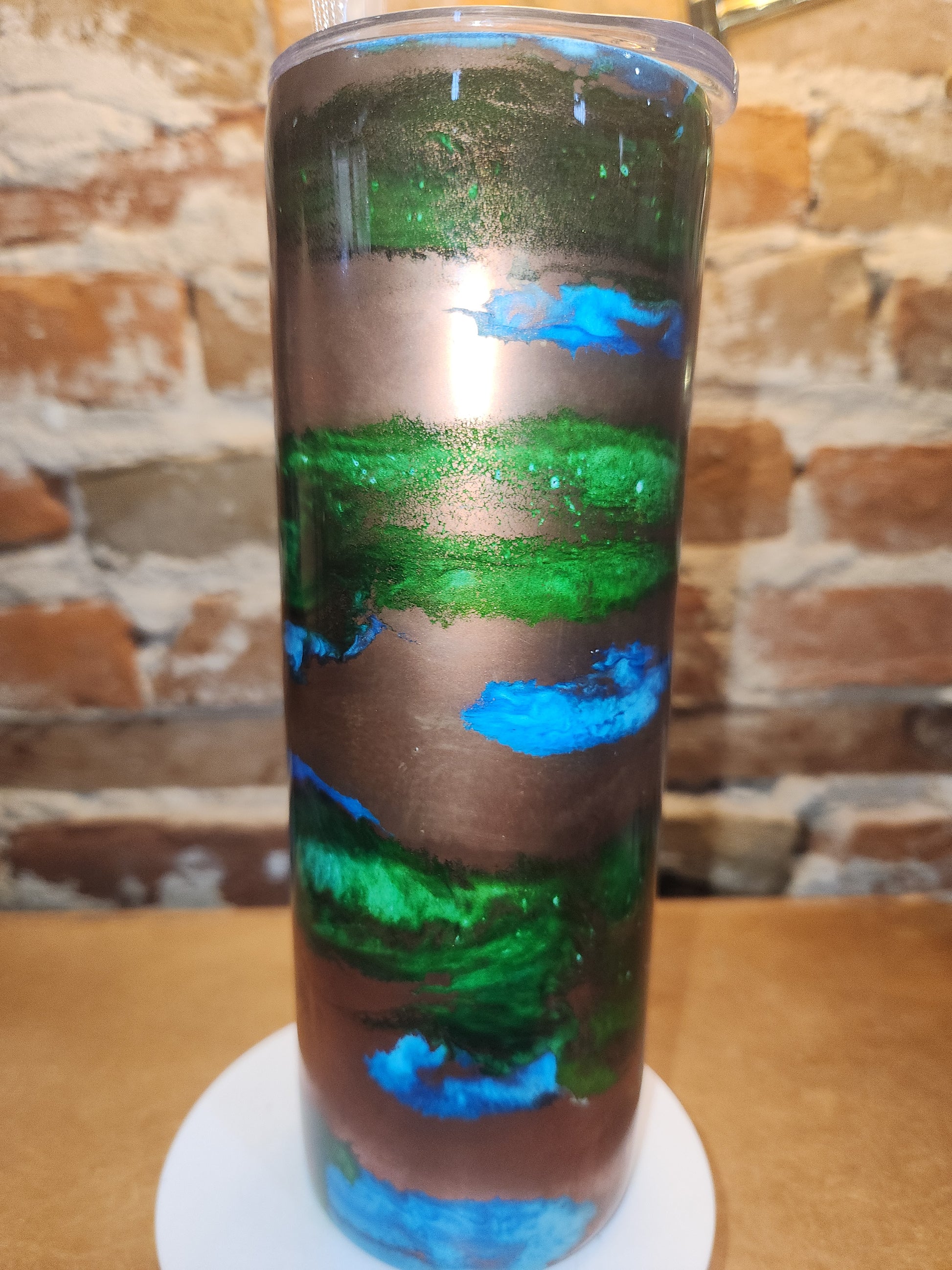 20 ounce stainless steel, Insulated, alcohol ink art Tumbler Blue Copper Green AS IS CLEARANCE ai5