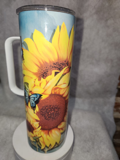 20 oz stainless steel, insulated, tumbler with handle Sunflower & Butterflies th66