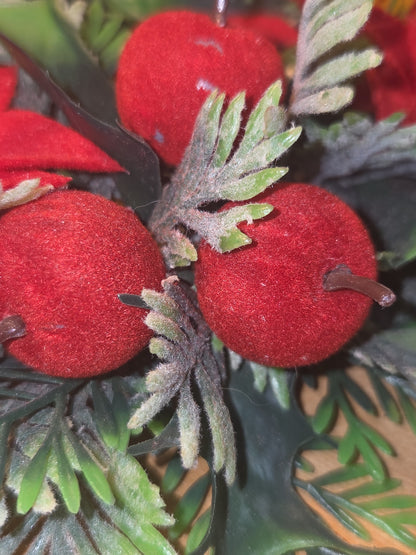 Vintage Christmas Candle Ring Centerpiece Plastic Greenery Flocked Apples Poinsettia AS IS cr5