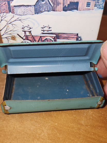 Vintage Jasco Metal Tin Matchbox Holder Wall Mount with Snowy Barn Scene mb89