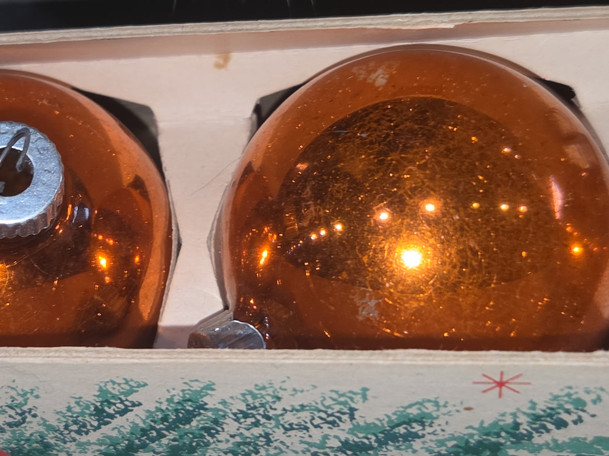 Vintage Shiny Brite Glass Christmas Ornaments Five 2" Orange Shades in Fanci-Pak Box As Is bo61