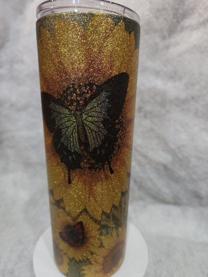20 Oz Stainless Steel Insulated Glitter Tumbler Butterflies And Sunflowers AS IS 20gb