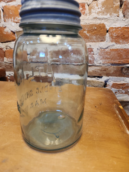 Vintage Atlas Strong Shoulder Cornflower Aqua Blue Quart Jar and Atlas Lid jar90
