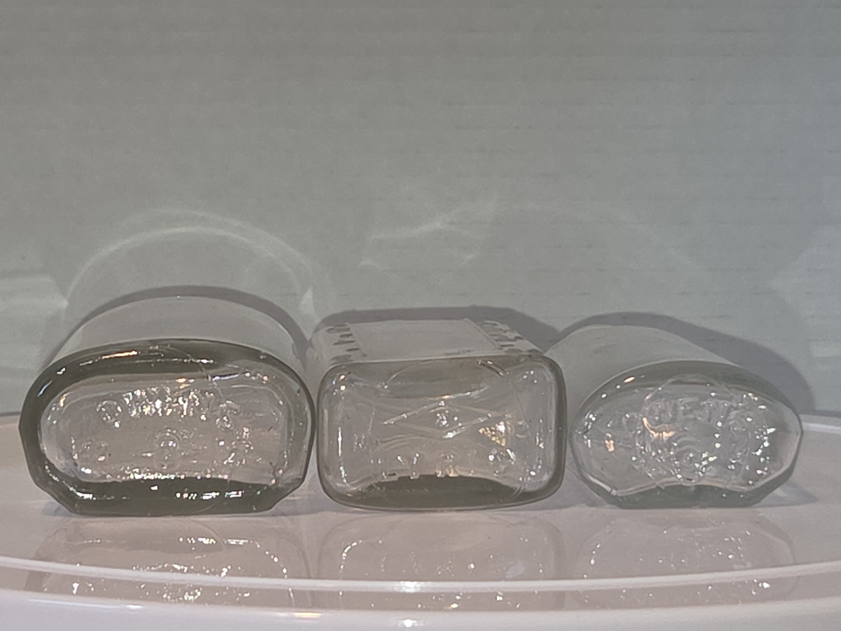 Vintage Glass Medicine Bottles Clear Embossed 3ii and 3 iv Set of 3 bottles Owens Early 1920s vmb65