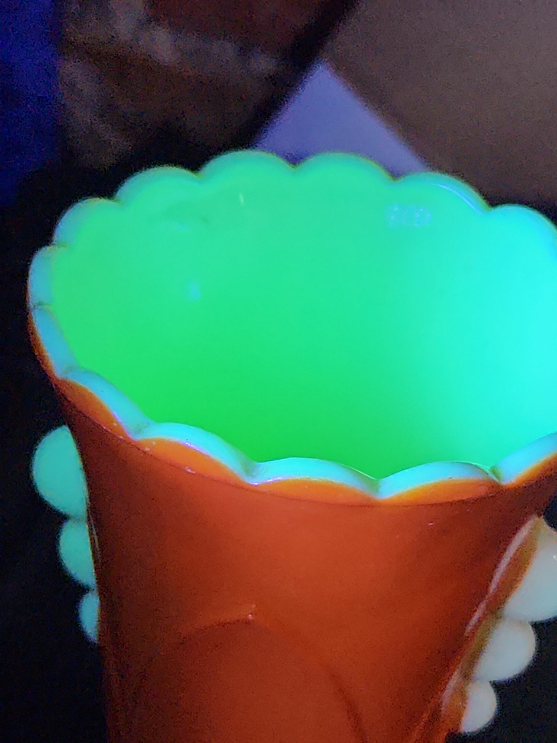 Vintage Vitrock Uranium Glass Vase orange and White Scalloped Edges Beaded Handles Art Deco Vase GLOWS GREEN