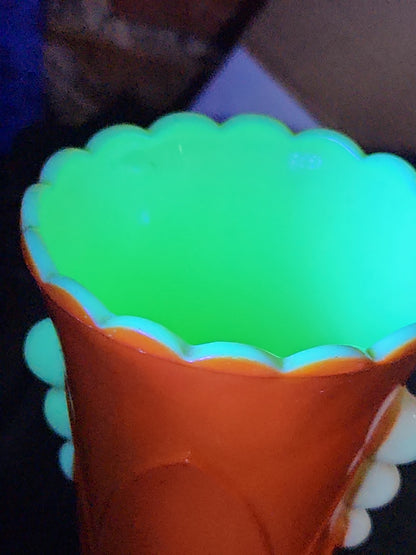 Vintage Vitrock Uranium Glass Vase orange and White Scalloped Edges Beaded Handles Art Deco Vase GLOWS GREEN
