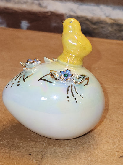 Vintage Porcelain Egg with 3D Chick Flowers and Leaves Gold Accents. Eg10