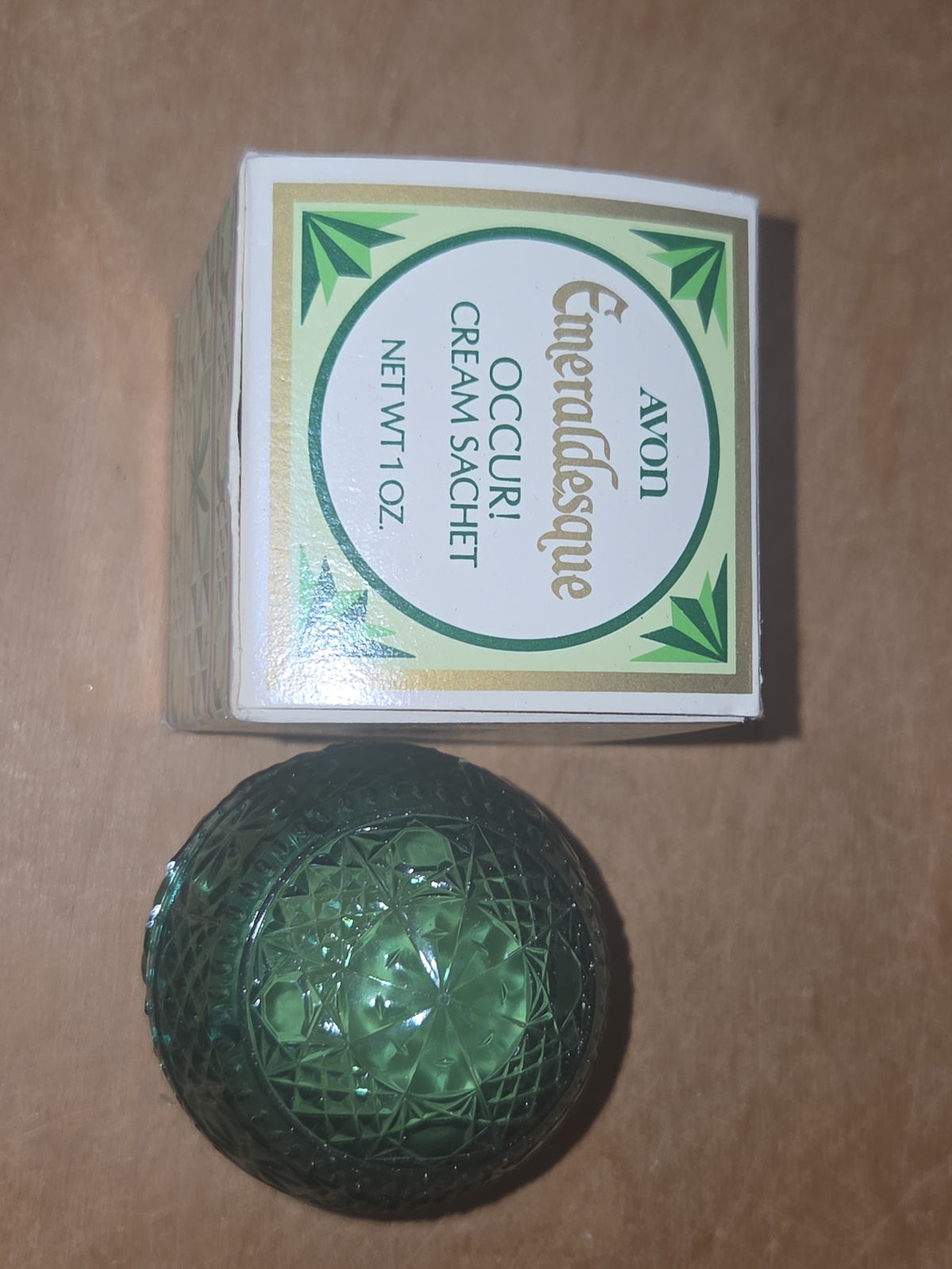 Vintage Avon "Emeraldesque" Cream Sachet Jar Occur! Green Original Box Dried Cream av06