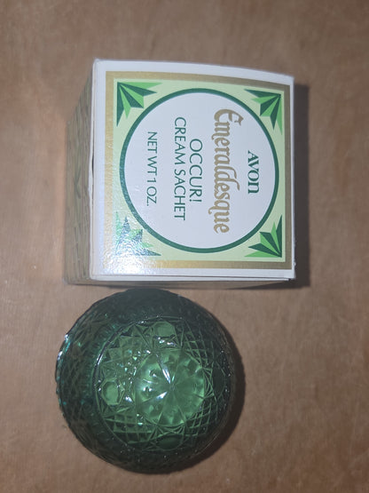 Vintage Avon "Emeraldesque" Cream Sachet Jar Occur! Green Original Box Dried Cream av06