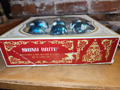 Vintage Shiny Brite 2" Turqoise Ornaments with Venetian dew and Box. Incomplete set. 8 Ornaments AS IS bo86