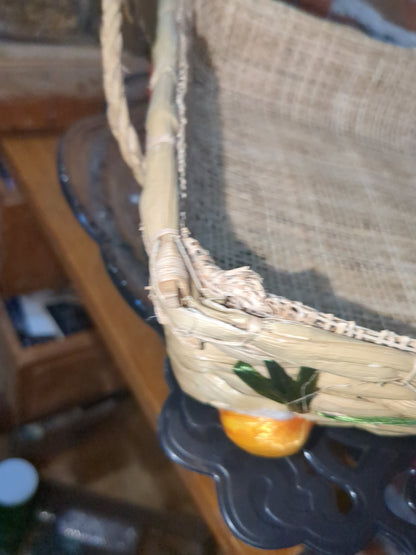 3 Vintage Boho Nesting Raffia Wicker Straw Lined Casserole Baskets, Tray Set 1970s or 1980s