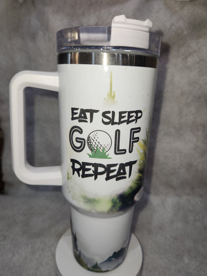 40 Oz Insulated Stainless Steel. Travel Tumbler says, "Eat Sleep Golf Repeat" tgo4