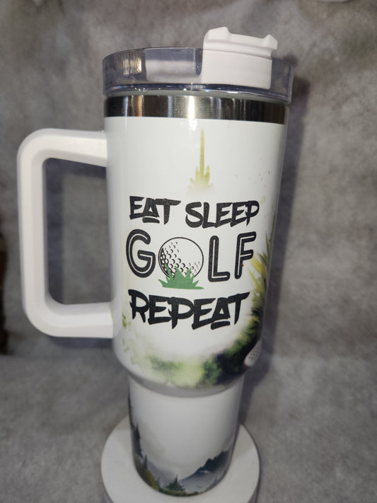 40 Oz Insulated Stainless Steel Tumbler says, "Eat Sleep Golf Repeat" tgo4