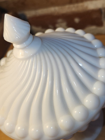 Vintage Westmoreland Milk Glass Lidded Candy Dish Swirl and Ball Pattern mg112