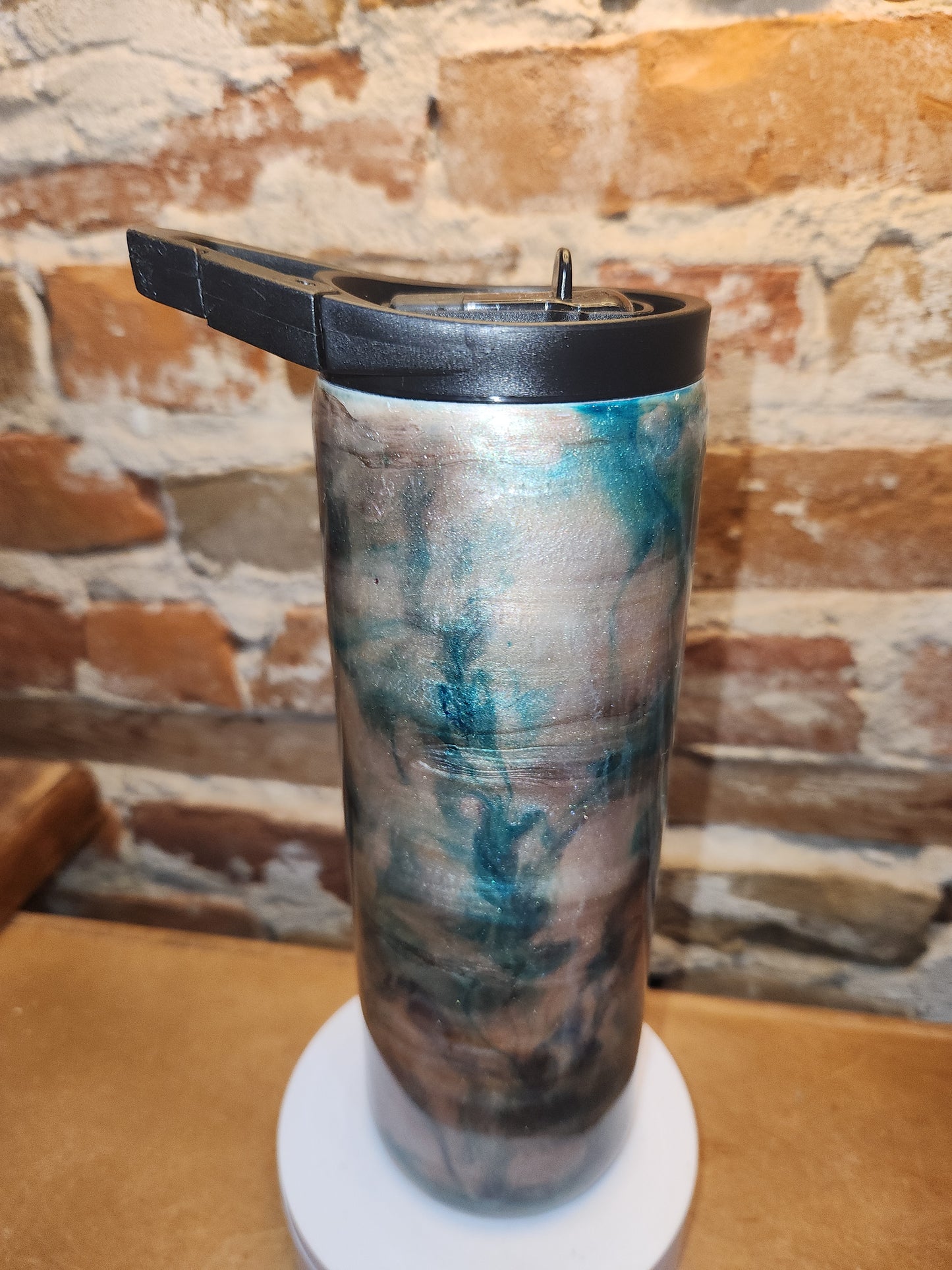 20 ounce stainless steel insulated alcohol ink art Tumbler tan, pink, aqua, white with 2 Lids. AS IS CLEARANCE ai22