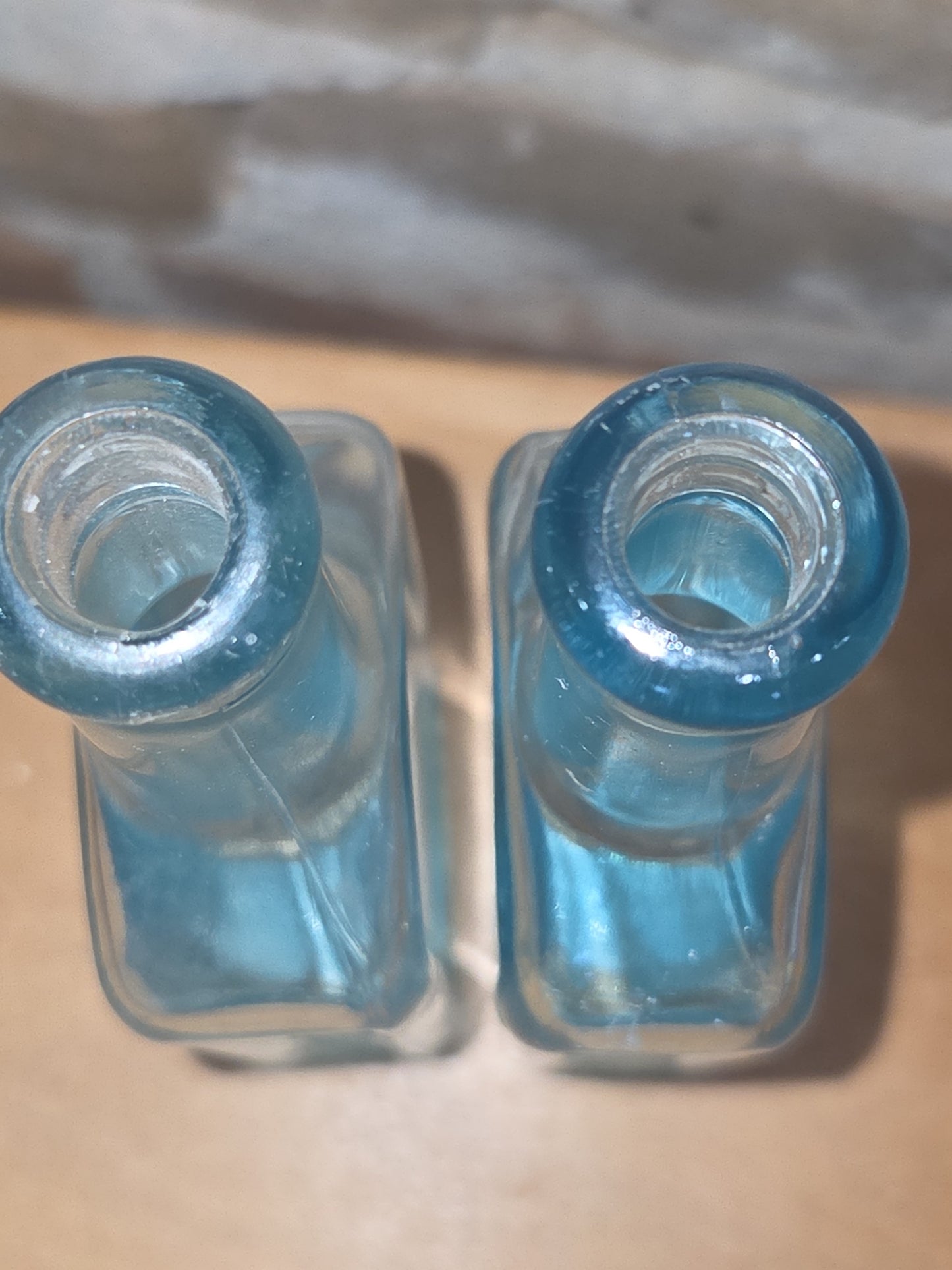Vintage Medicine Bottles Cha H Fletcher Castoria Faint Blue Glass Set of 2 vmb43