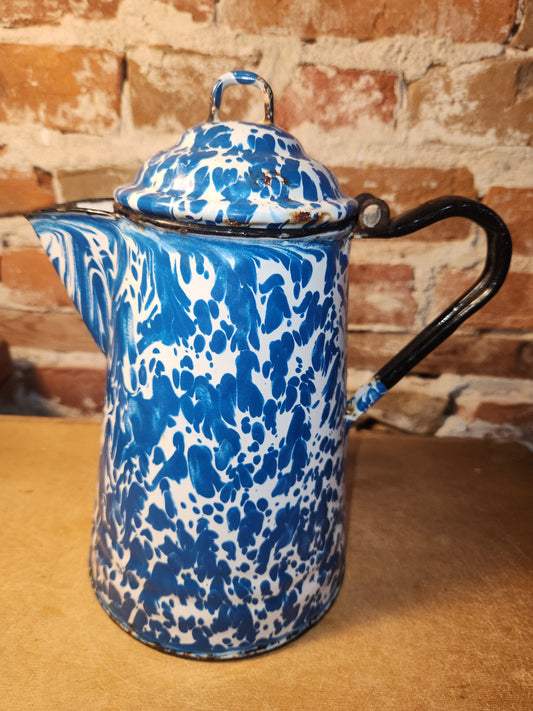 Vintage Enamelware Graniteware Coffee Pot with Lid Blue White Swirl Splotches ew70