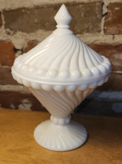 Vintage Westmoreland Milk Glass Lidded Candy Dish Swirl and Ball Pattern mg112