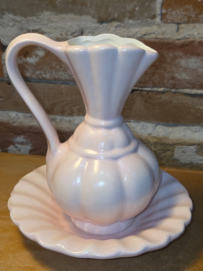 Vintage Ceramic Bisque Pitcher and Bowl 6" Tall Light Pink vp1