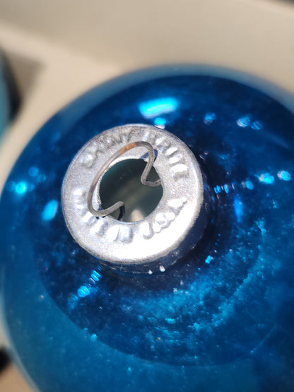 Vintage Shiny Brite Glass Christmas Ornaments Five 3" Varying Blue Shades in Fanci-Pak Box As Is sb15
