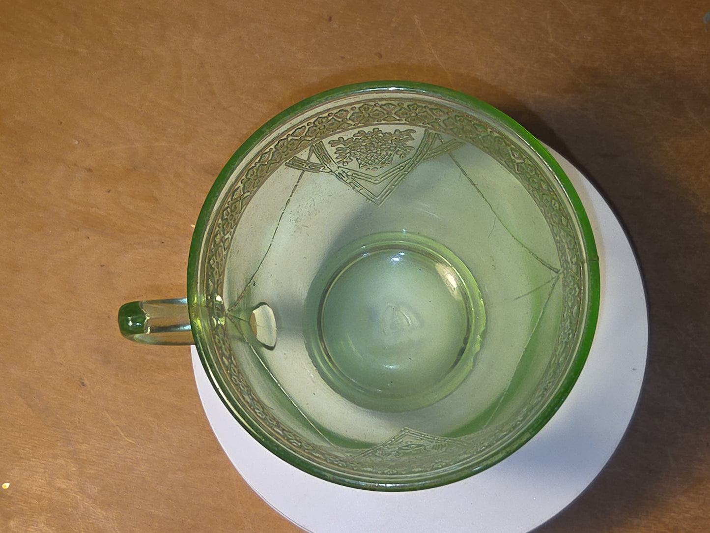 Vintage Uranium Green Depression Glass Tea Cup Love Birds Vaseline AS IS Chips dg76