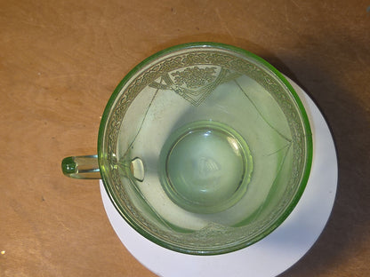 Vintage Uranium Green Depression Glass Tea Cup Love Birds Vaseline AS IS Chips dg76