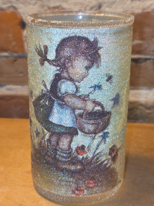 Vintage Sugar Frosted Pillar Glass Candle Hummel Girl with Basket Evans AS IS