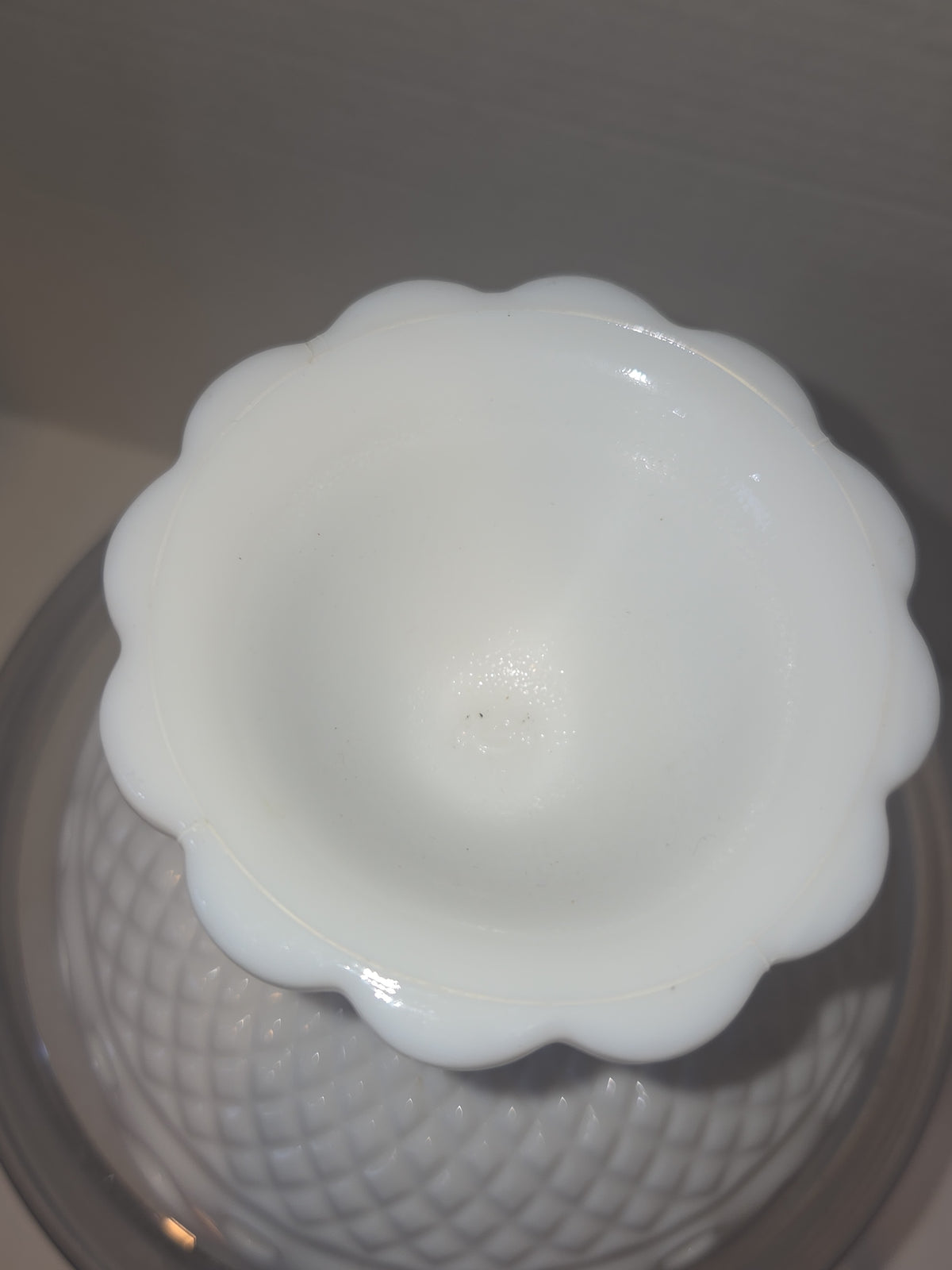 Vintage Imperial Glass White Milk Glass Footed Compote Open Laced Edge Crochet Edge and Diamond Point Pattern mg101